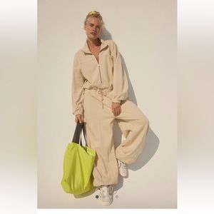 Free People Movement Brightside One Piece Jumpsuit Zip Tie Magnolia Tan